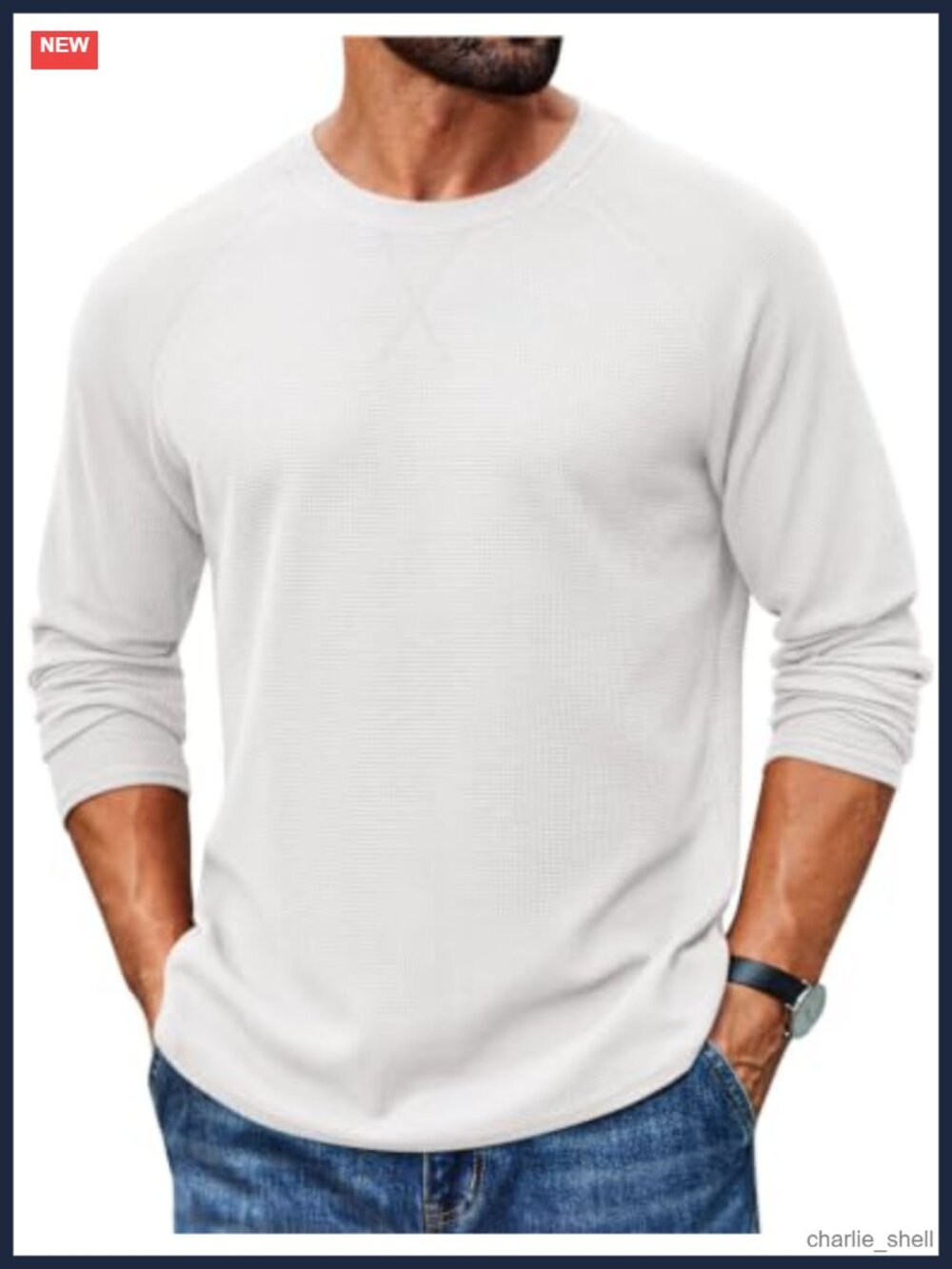Men's Waffle Long Sleeve Tee Crew Neck Cotton Knit Shirt